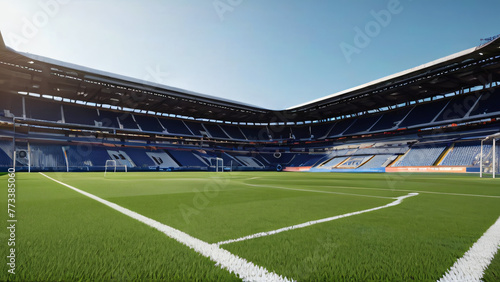 a digital rendering of a large, empty soccer stadium with bright green turf and blue and white striped seats under a clear blue sky.