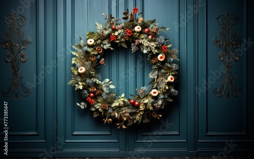 A green door adorned with a festive wreath, creating a welcoming and magical atmosphere