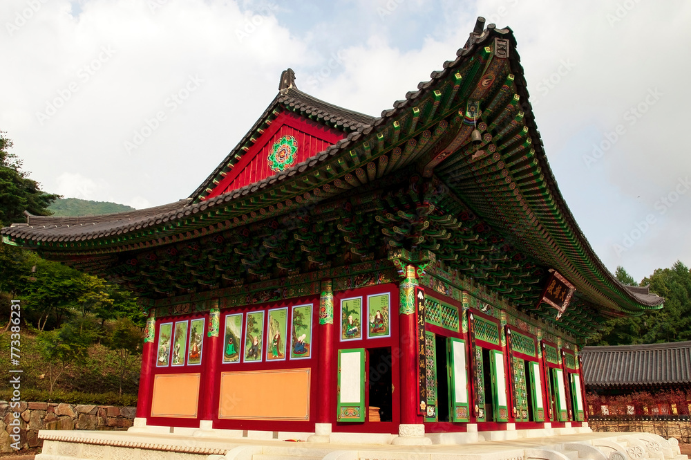 Buddhist temple in the mountains. Example of traditional Korean temple architecture. South Korea.