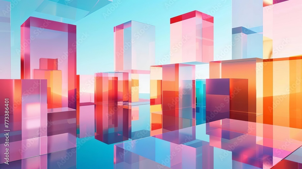 Abstract geometric composition with colorful translucent cubes and reflections, minimalist 3D illustration Abstract geometric composition with colorful translucent cubes and reflections, minimalist 3D illustration