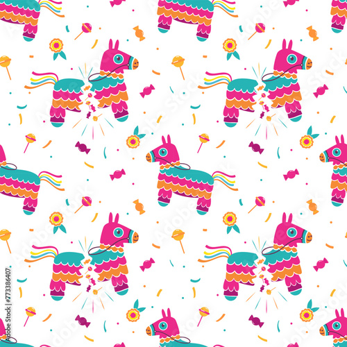 Pinata in flat style. Candies and sweets, sweets, vector seamless pattern