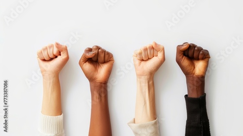 Raised hands of multiracial people clenched into fists on light background. Stop racism concept photo