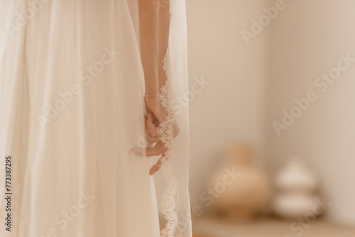 Mariée dans sa robe blanche recouverte par son voile