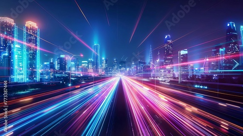 Abstract speed light trails in futuristic smart city with neon skyscrapers, motion effect illustration