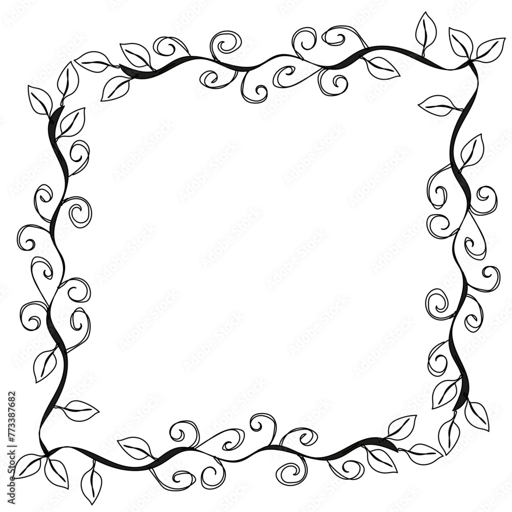 Quadrangular black frame with leaves and swirls in doodle style on a white background