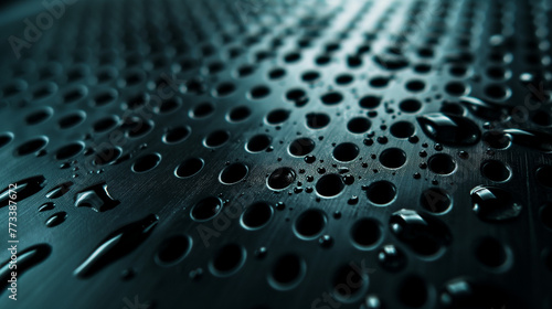 Ciemne tło z materiału PVC, z wydrążonymi dziurami, pokryte kroplami wody © Kumulugma