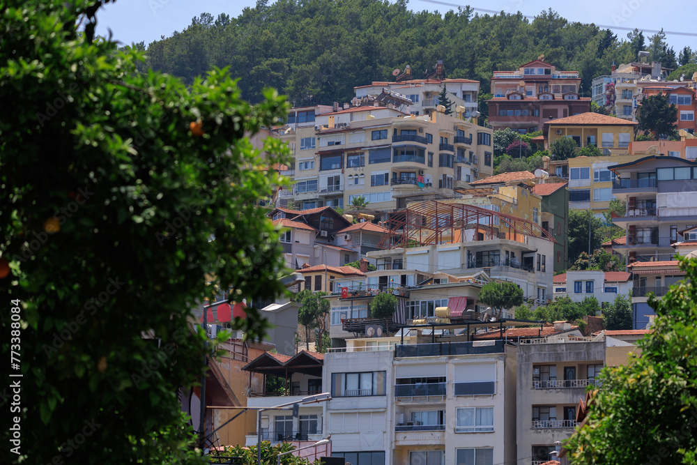 Obraz premium Beautiful houses and city streets, public place in Turkey, on a summer sunny day