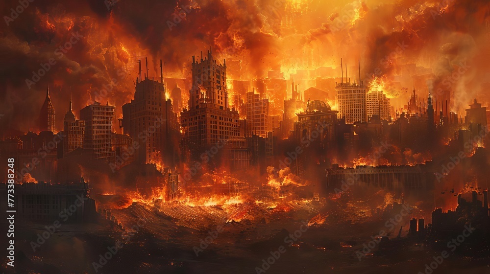 Apocalyptic cityscape engulfed in flames, destruction as foretold in biblical prophecy, digital painting