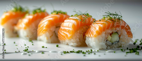 Elegant Salmon Sushi Rolls Topped with Fresh Dill