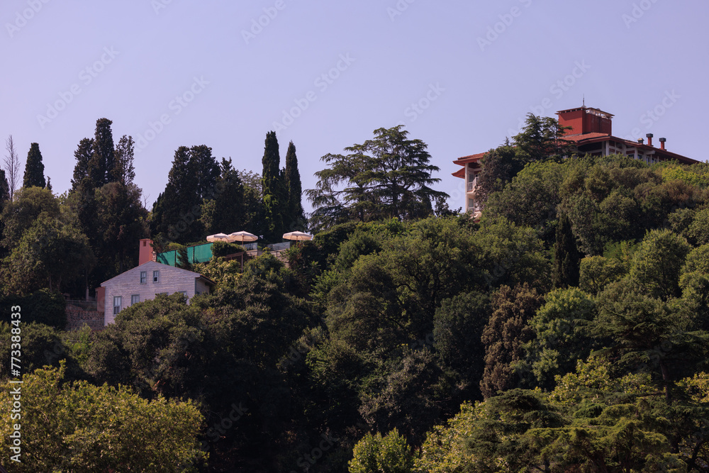 Beautiful houses and city streets of the southern city with green plants, public place in Turkey, on a summer sunny day Beautiful houses and city streets of the southern city with green plants, public place in Turkey, on a summer sunny day
