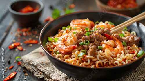 Spicy Shrimp and Beef Noodle Bowl