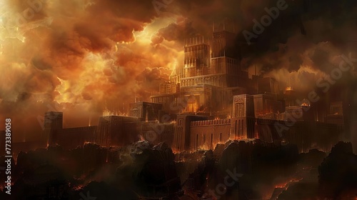Biblical illustration of darkness in Babylon, seven last plagues concept