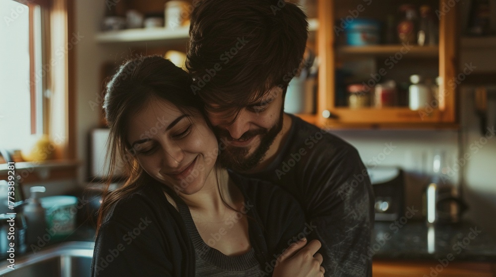 Bonding in Love: Smiling Young Couple Embracing in Kitchen Pantry