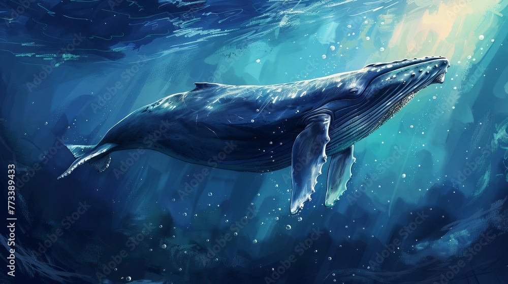 Blue whale gracefully swimming through the deep ocean waters, majestic marine life digital painting