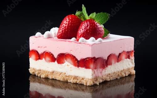 Indulge in a tempting slice of cake topped with juicy strawberries