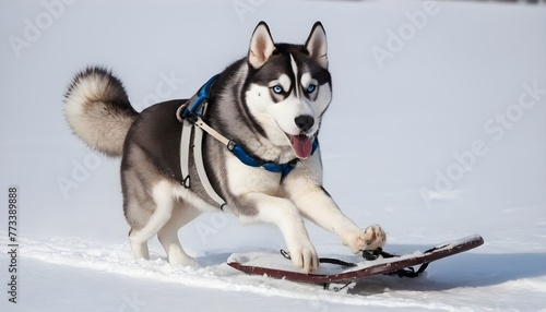 Siberian Husky pulling a sled in the snow