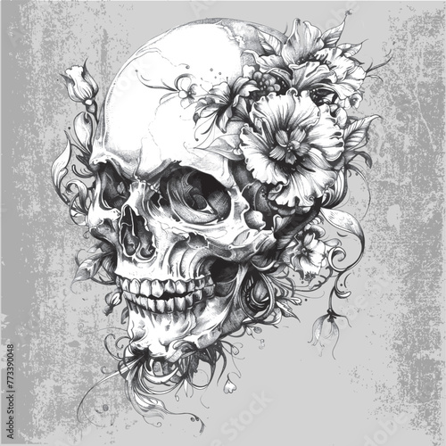 skull with flowers and grunge border illustration