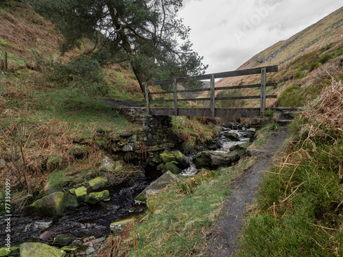 Mountain river in England, dreamy scenery, moss-covered stones and beautiful waterfall in the forest. Sunny creek in spring cloudy Yorkshire evening. small cascade surrounded by moss and autumn leaves