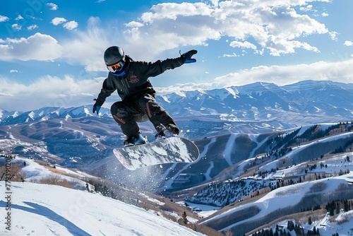 Snowboarder jumping through the air performing a trick against snowy mountain backdrop - Action sports photo