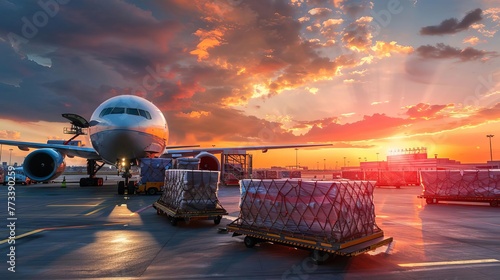 Cargo airplane being loaded with freight containers at busy international airport, logistics and transportation concept