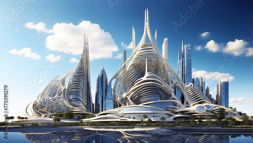 Reflejo de la arquitectura futurista orgánica y rascacielos en un día soleado