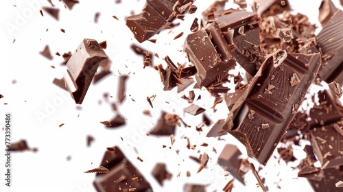 Chocolate bar chunks exploding in the air isolated on white, sweet dessert ingredient burst photo