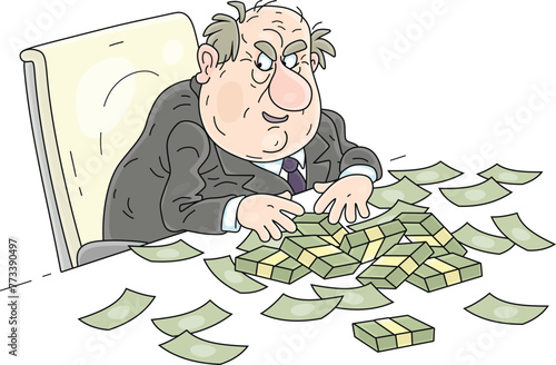 Joyful fat corrupt official sitting at his office desk and counting money received in a bribe, vector cartoon illustration on a white background