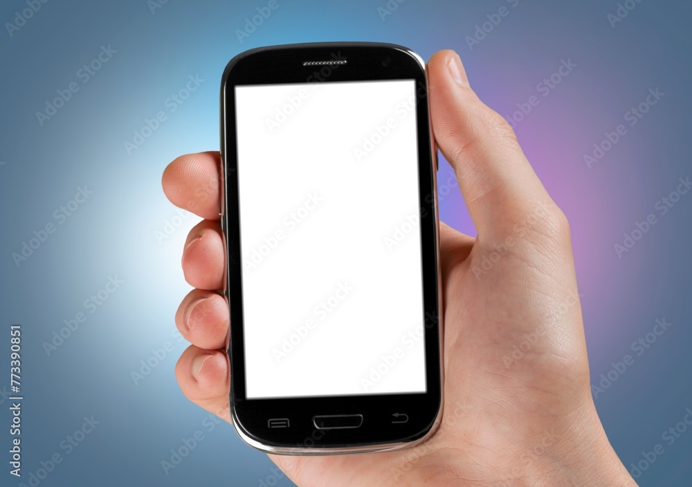 Human hand holding modern smartphone with blank screen. Human hand holding modern smartphone with blank screen.