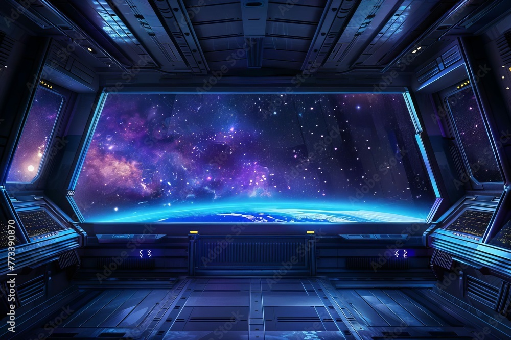 Sleek spaceship interior with a view of distant galaxies through the window, sci-fi digital art - obrazy, fototapety, plakaty 