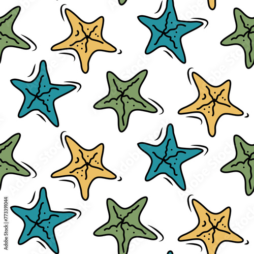 Doodle summer seamless pattern with scattered abstract silhouettes starfishes. Cute background on marine theme for invitation, kids apparel. Vector colorful hand drawn illustration
