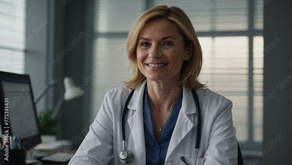Female doctor in a white lab coat with a stethoscope hanging around her neck is in her modern well-furnished office