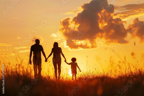 Silhouette of black African American couple and child walking at sunset © Lucija