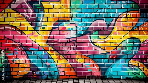 Colorful Graffiti Art Mural on Urban Brick Wall, Street Art Culture, Vibrant Spray Paint Design, Digital Illustration