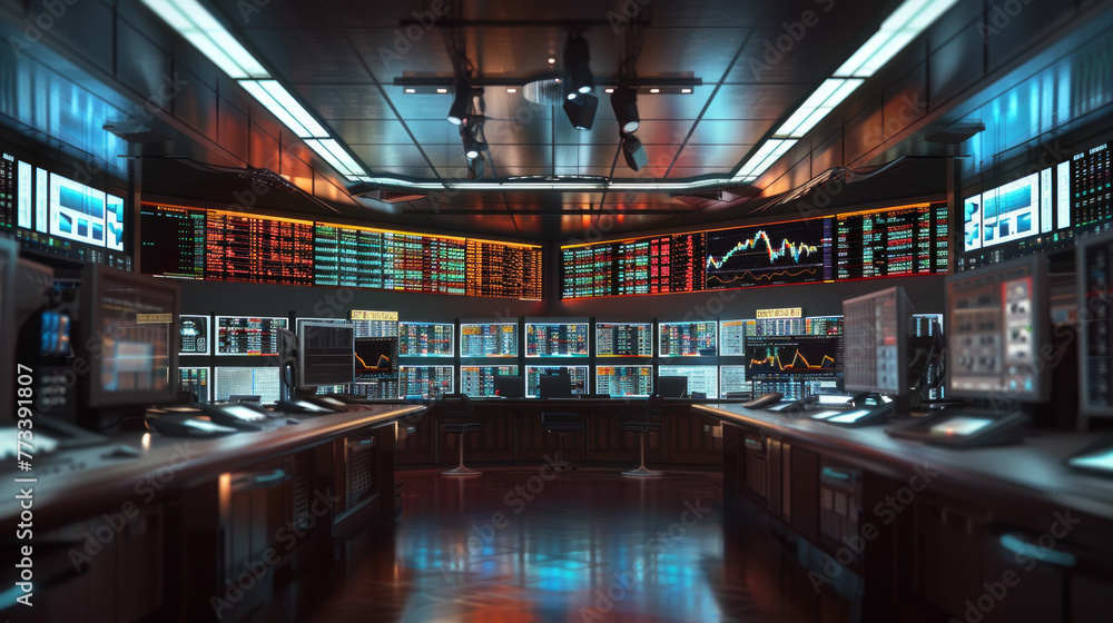 An image of a stock market trading terminal with multiple screens displaying real-time stock quotes