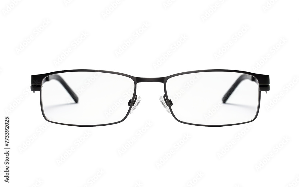 A stylish pair of glasses rests on a pristine white background A stylish pair of glasses rests on a pristine white background