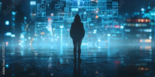 The Enigmatic Hacker: Silhouetted Figure in Hoodie Against Digital Interfaces in a Futuristic Cyber Security Setting. Concept Hacker in Hoodie, Futuristic Setting, Cyber Security, Digital Interfaces photo