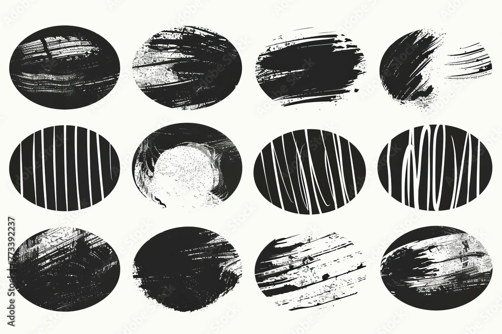 Set of oval-shaped icons with black brush stroke outlines, hand-drawn vector elements