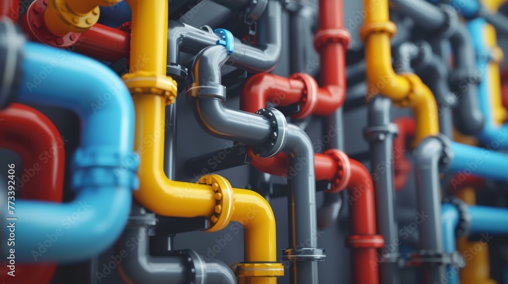 Network of colorful pipes on grey background. 3D rendering of industrial pipeline system.