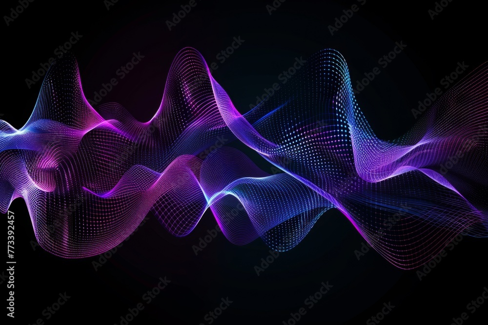 an audio wave, purple and blue on a black background, glitch art in a dark white and light cyan style Generative AI - obrazy, fototapety, plakaty 