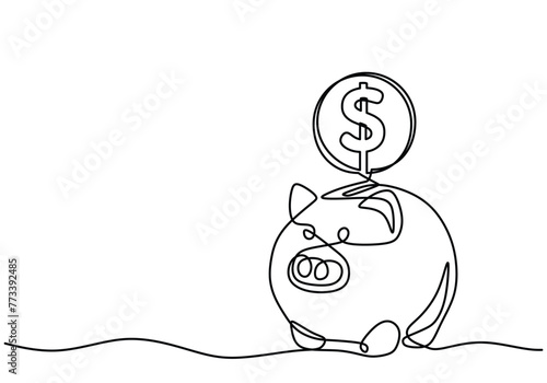 One continuous line drawing of piggy bank with dollar coin