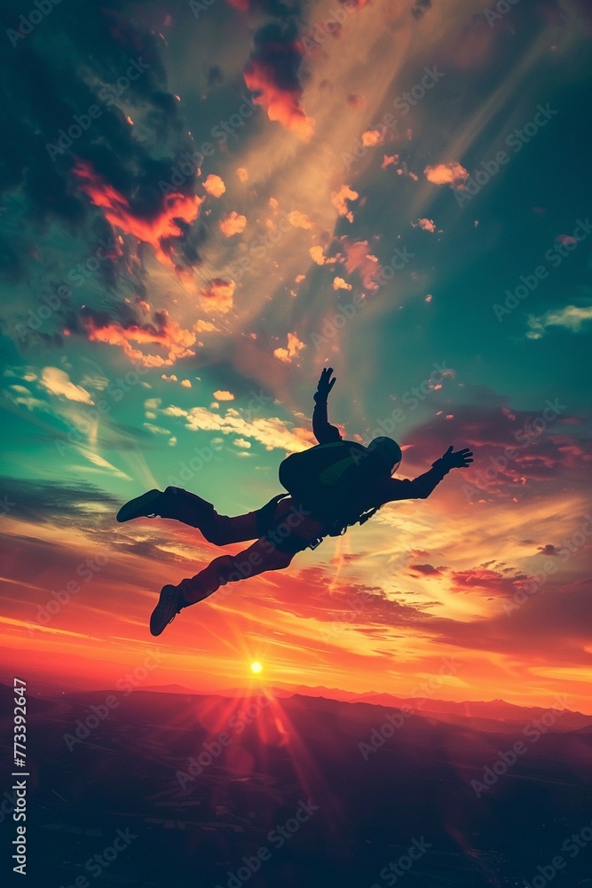 Sunset Skydive: Parachutist in Free Fall with Beautiful Sunset Sky