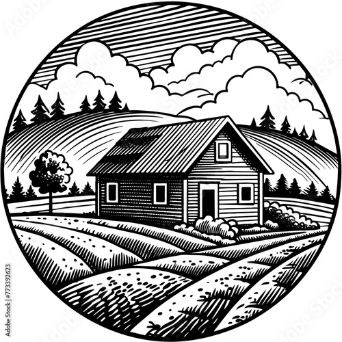 Retro black and white illustration of a farmhouse nestled in a picturesque rural landscape.