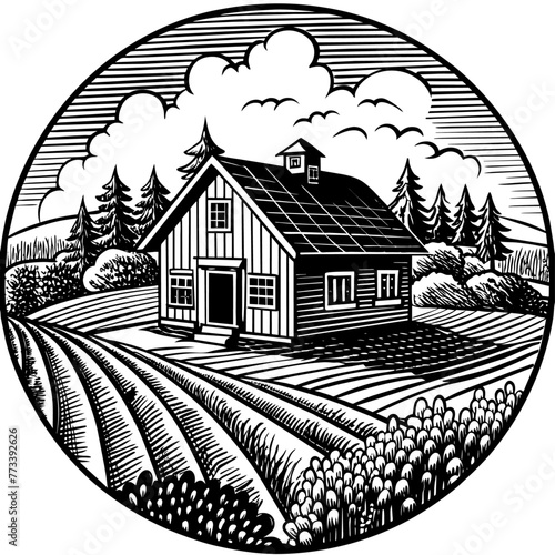 Retro black and white illustration of a farmhouse nestled in a picturesque rural landscape.
