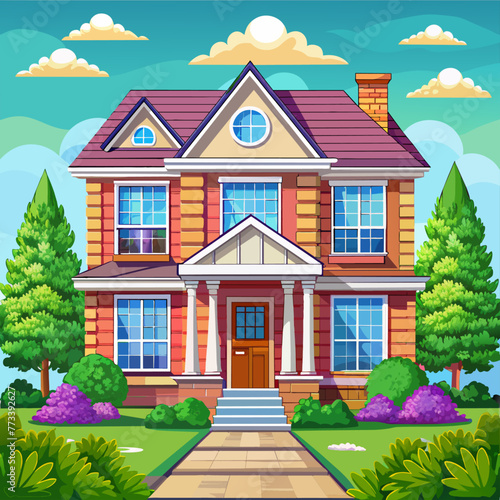 Vibrant illustration of a charming, well-appointed suburban home with a lush landscape.