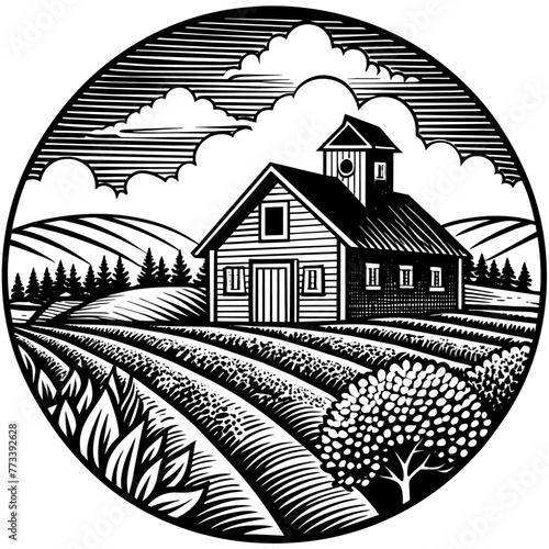 Retro black and white illustration of a farmhouse nestled in a picturesque rural landscape.