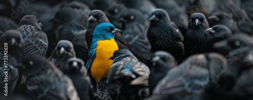 a Blue and yellow bird stands out among black birds, symbolizing the concept of standing apart from your crowd or group. Blue and Yellow against black photo