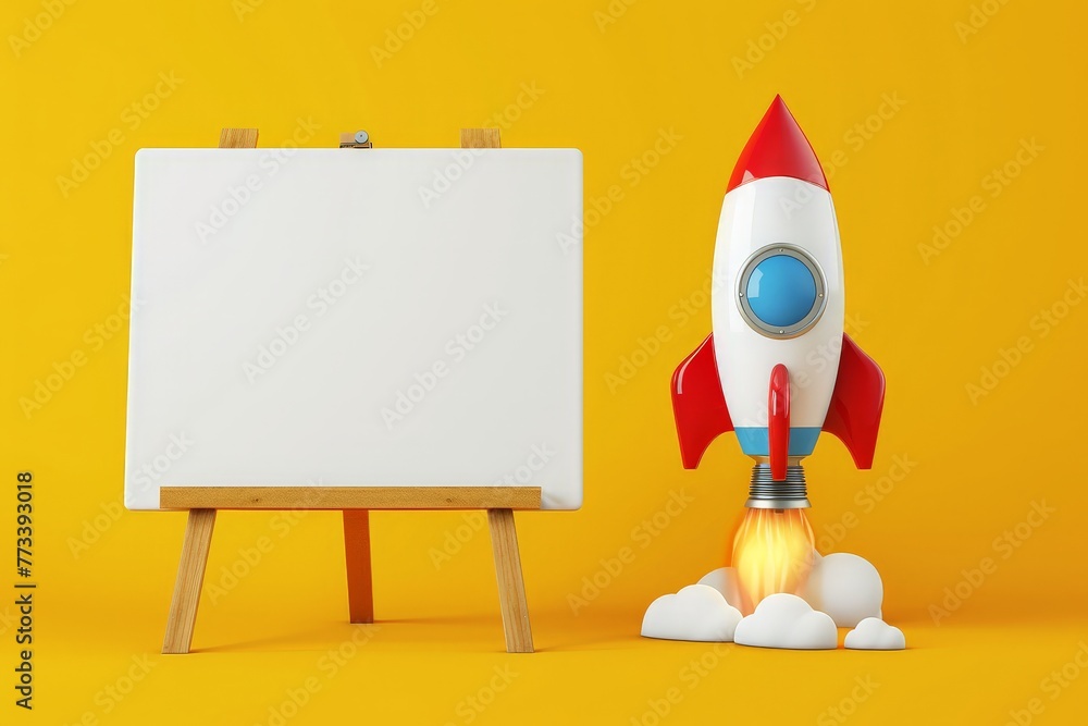 Rocket coming out of the blank board on a tripod on a yellow background, startup concept	