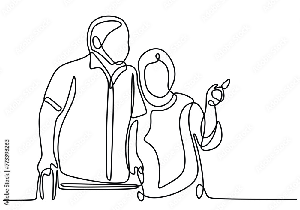 Single one line drawing is Grandma supports Grandpa walking with cane Single one line drawing is Grandma supports Grandpa walking with cane