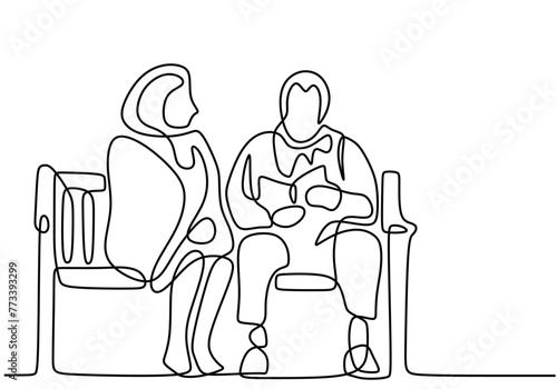 Romantic elderly couple in continuous line art drawing style