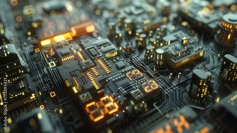 Obraz premium A macro shot of a computer motherboard with numbers and codes representing digital stock trading
